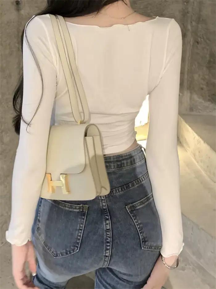 Dlhé rukávy Tričká ženy úroda štíhle odolné voči slnku výstrih do V retro jemné Sexy mladé Streetwear Ulzzang