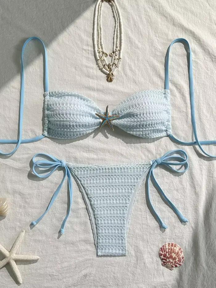 Sexy bleu ciel Micro Bikini 2026 femmes métal étoile de mer ornement plissé Push Up cravate côté string maillot de bain plage maillot de bain maillots de bain