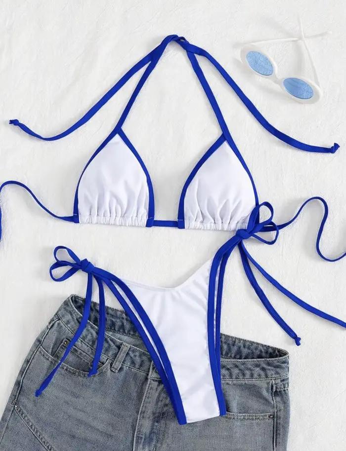 Sexy béžový kontrastný bikini set 2025 ženy lano push up podprsenka kravata bok tanga plavky leto