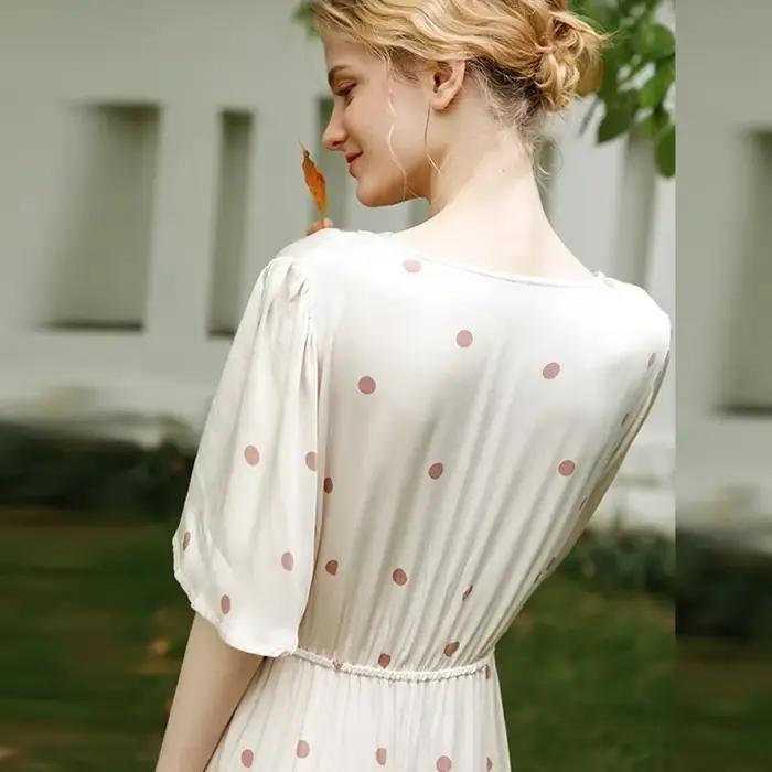 Robe de nuit longue en viscose pour femme, vêtements de nuit d'été dégradés, chemise de nuit à col en V avec point marron imprimé, robe de nuit à manches courtes
