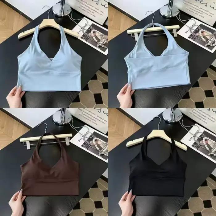 Soutien-gorge de yoga dos nu à col en V profond pour femme, en tissu soyeux et lisse, haut de sport tendance