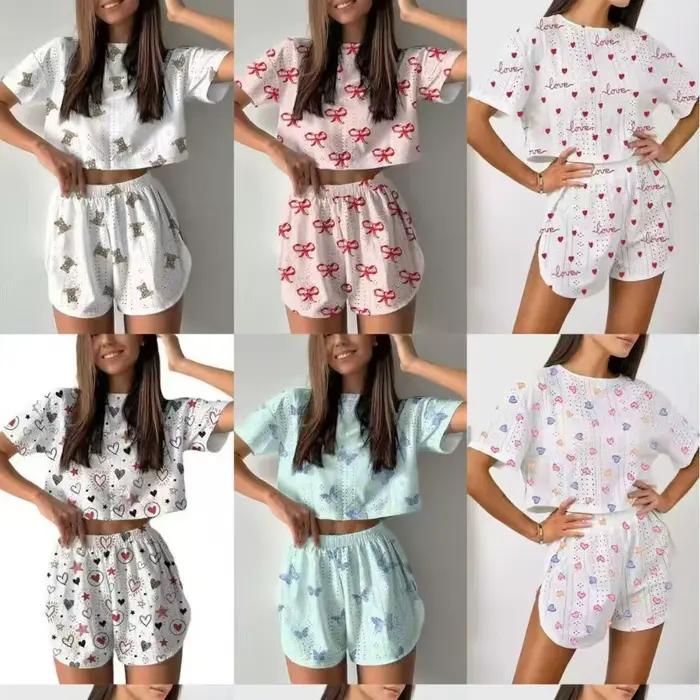 Ensemble de pyjama pour femmes, vêtements de nuit, 2 pièces, débardeurs courts et shorts, tailles S M L, blanc, respirant, doux, décontracté, imprimé Love