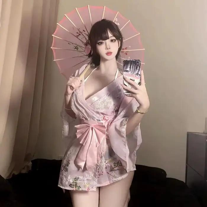 Nová nočná róba Kimono z potlačeného a vyšívaného šifónu s mašľou