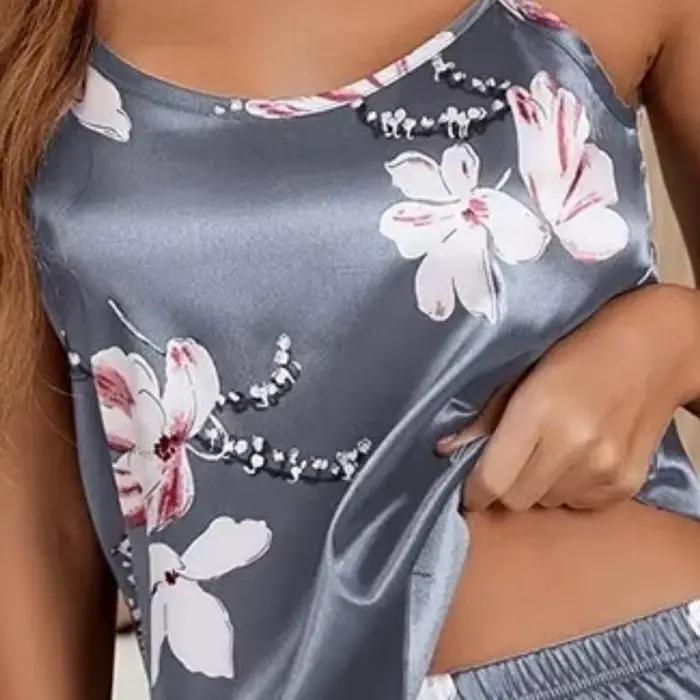 Vêtements de nuit pour femmes, ensemble pyjama en Satin, imprimé floral, Lingerie Sexy, sans manches, vêtements de nuit, vêtements de maison, été