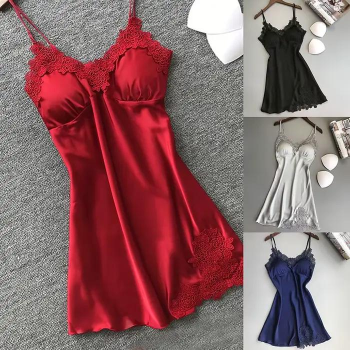 Dámska sexy saténová nočná košeľa s výstrihom do V a čipkou, veľkosti S-XL