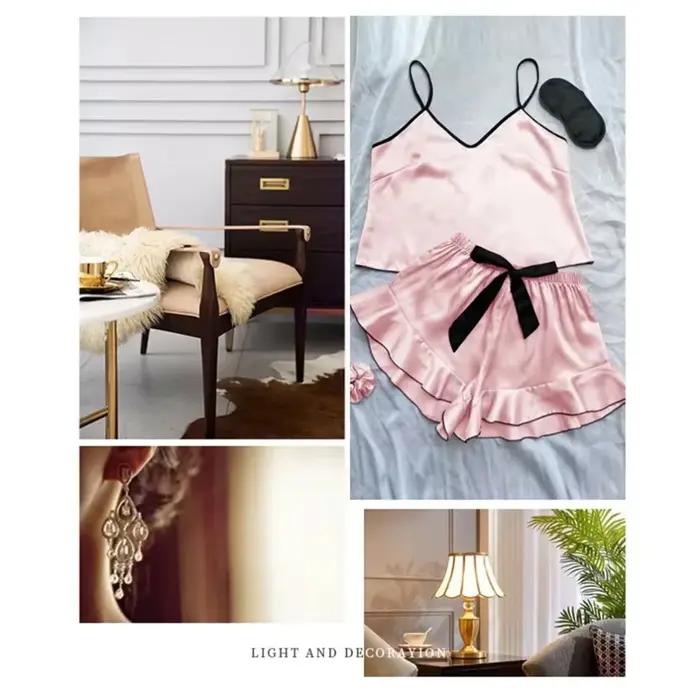 Pyjama en Satin lisse pour femmes, haut à col en v, bords à volants et short à nœud, ensemble pyjama Simple et respirant, vêtements de maison à bretelles