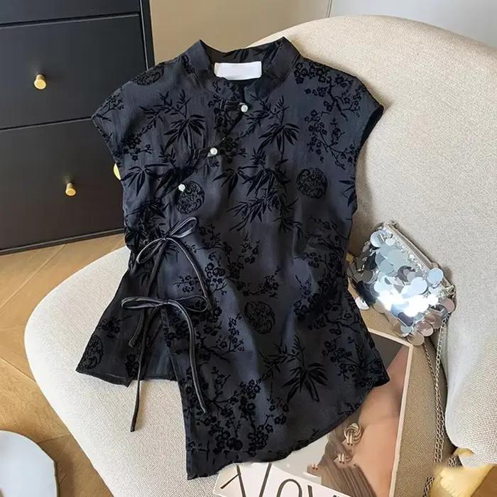 Jemná retro košeľa v novom čínskom štýle Cheongsam top čierny žakárový T-shirt s krátkym rukávom letný zrelý módny odev