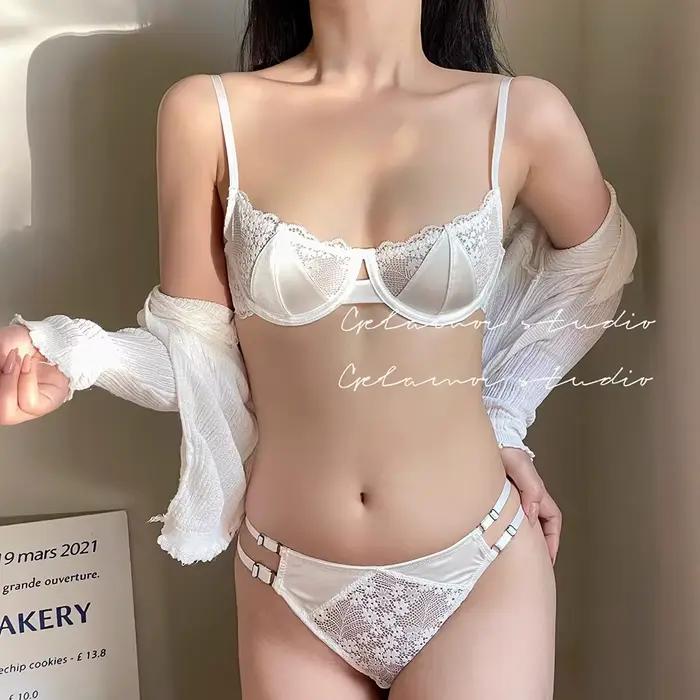 Ensemble sexy soutien-gorge et culotte en polyester avec dentelle pour femmes, demi-tasse, bretelles ajustables, pour occasions spéciales et quotidien