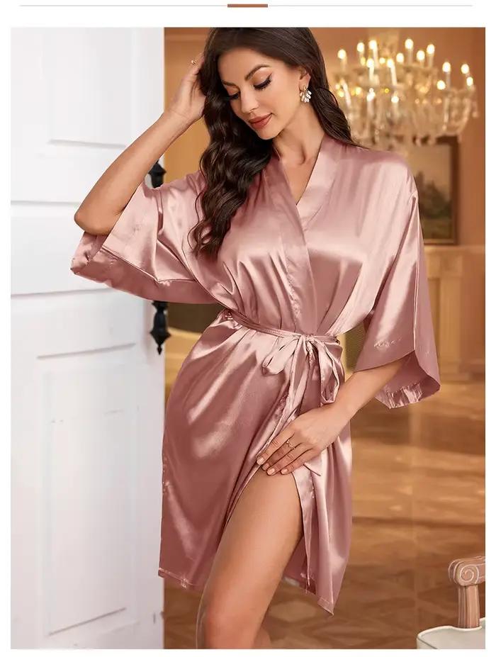 Robe de nuit en Satin solide, Robe de maison élégante à manches mi-longues et col en V avec ceinture, vêtements de nuit pour femmes