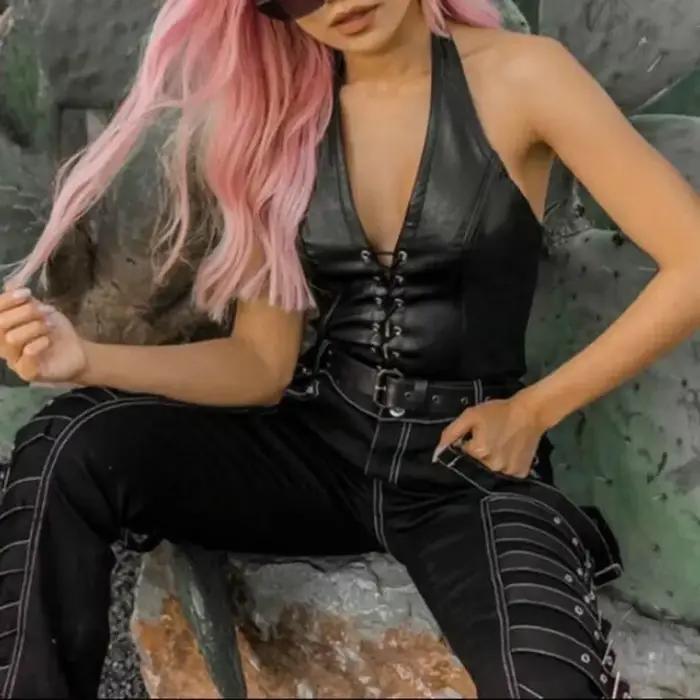 Sexi čierne PU kožené tielko pre ženy