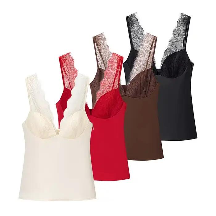 CharmChant noir Satin dentelle col en v Camisole haut pour femmes recadrée Y2k Harajuku mode élégante chemise sans manches Blouse femme