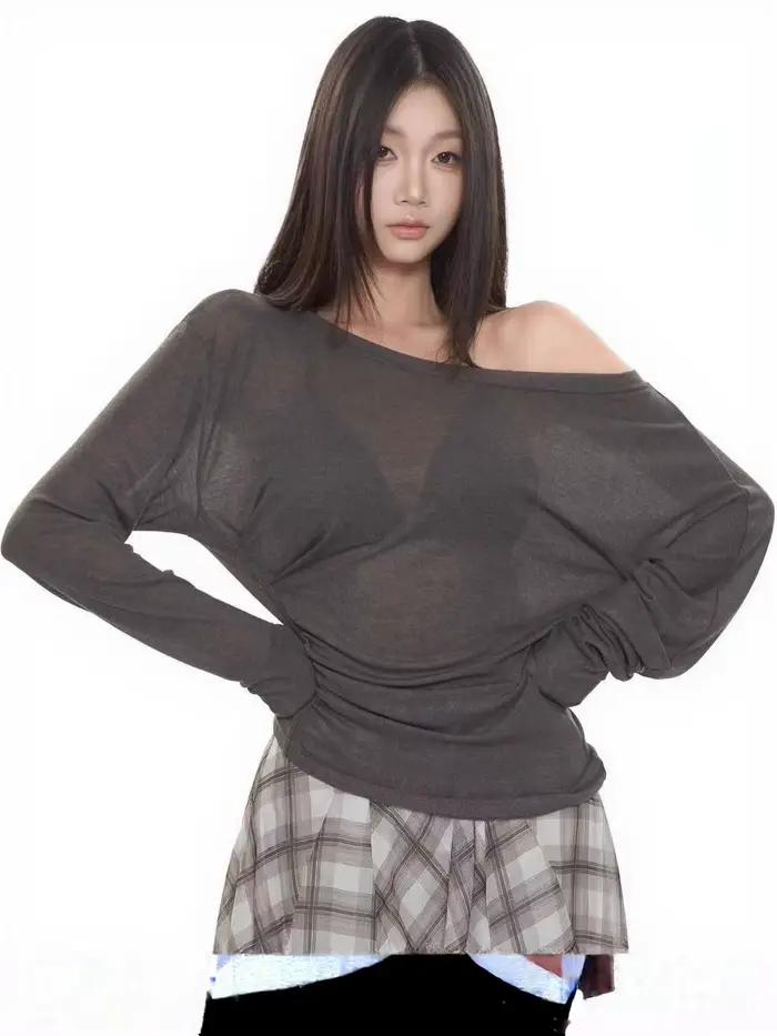 Sexy tenký priesvitný oversized t-shirt s dlhými rukávmi pre ženy