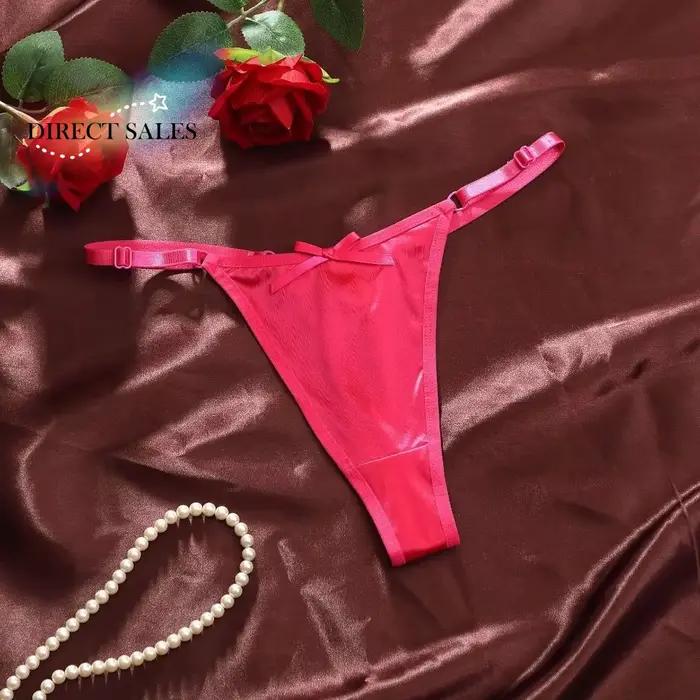 String T-back taille basse en satin transparent avec nœud, lingerie brodée, culotte transparente romantique pour femme, pour la maison