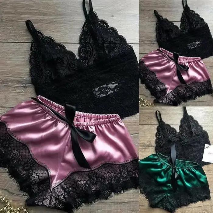 Ensemble de pyjamas en dentelle pour femmes, vêtements de nuit sexy, lingerie en fibre, col en V, ensembles de Y et de shorts, vêtements de détente