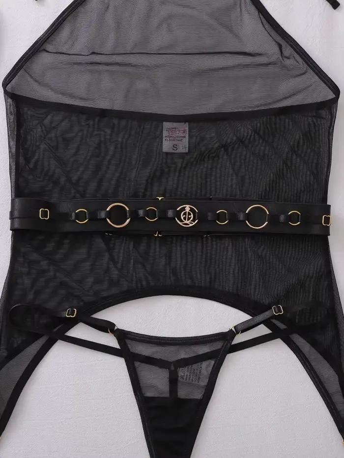 Body en dentelle noir moulant transparent, lingerie sexy érotique pour femme, avec gants et porte-jarretelles, ensemble soutien-gorge babydoll sissy