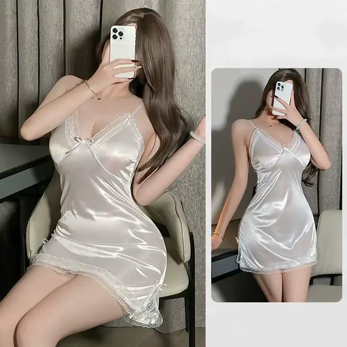 Chemise de nuit Sexy dos nu, Lingerie pour femmes, bretelles en Satin, string, pyjama, dentelle fine, fente, nœud, vêtements de maison