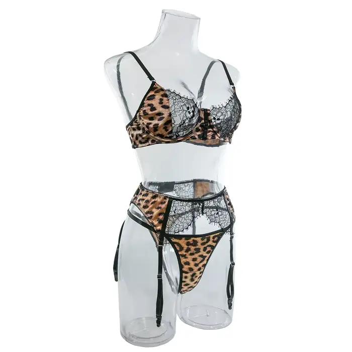 Ensemble de Lingerie Sexy en dentelle imprimée léopard sauvage pour femmes, ensemble trois pièces confortable, soutien-gorge et culotte, vêtements exotiques