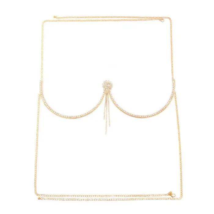 Soutien-gorge de luxe en forme de cœur, Support de poitrine, chaîne de corps, pompon floral, chaîne de poitrine, bijoux en strass, chaîne de poitrine, robe coupe basse