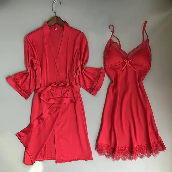 Pyjama en Satin de soie pour femmes, 2 pièces, Sexy, soyeux, ensemble de Robe, garniture en dentelle, bretelles, chemise de nuit, Kimono, peignoir, vêtements de nuit
