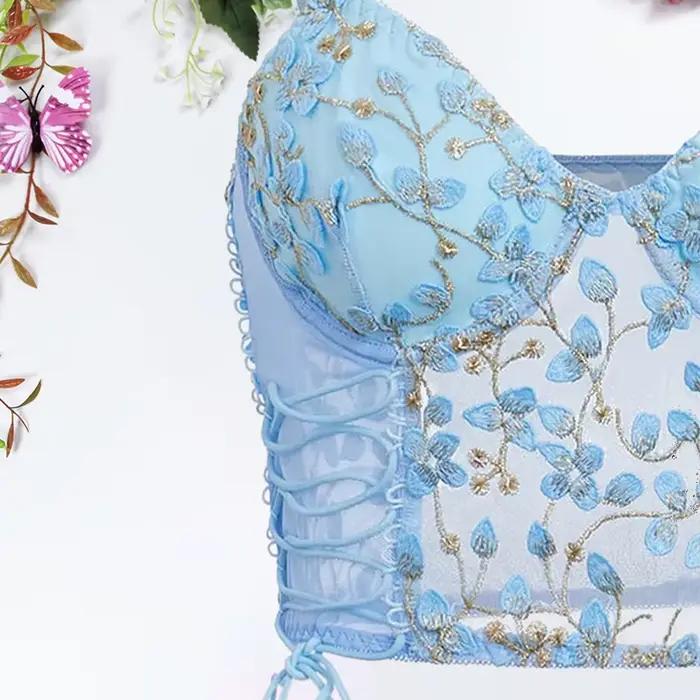 Femmes bleu Camisole gilet soutien-gorge broderie fleur Corsets coupe ajustée polyvalent dame haut Corset Sexy dentelle rayonne Ultra-mince épais soutien-gorge