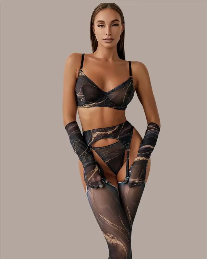 Echonight Tie Dye Lingerie sensuelle sous-vêtements en dentelle avec bas gants longs voir à travers les tenues de Bilizna ensemble sensuel fantaisie érotique