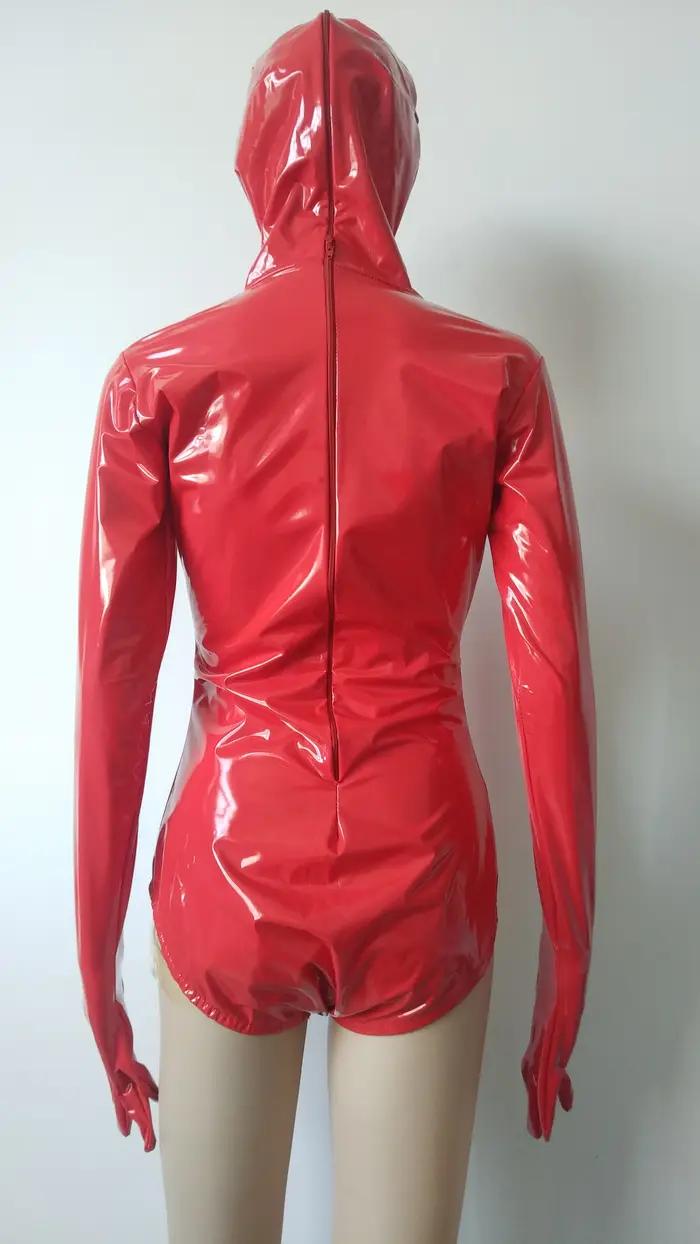 Justaucorps sexy en similicuir PVC brillant rouge pour adulte, demi-body Zentai, robe de paupières à manches longues, costume de fête, marque