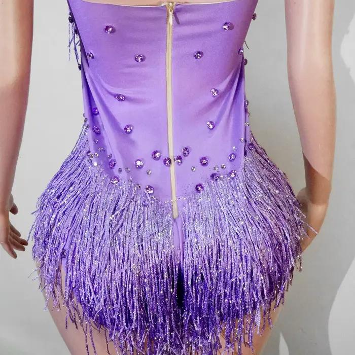 Costume de danse pour femmes, tenue de scène, combinaison extensible, justaucorps à franges, vêtements de performance, strass scintillants, franges, vêtements de boîte de nuit