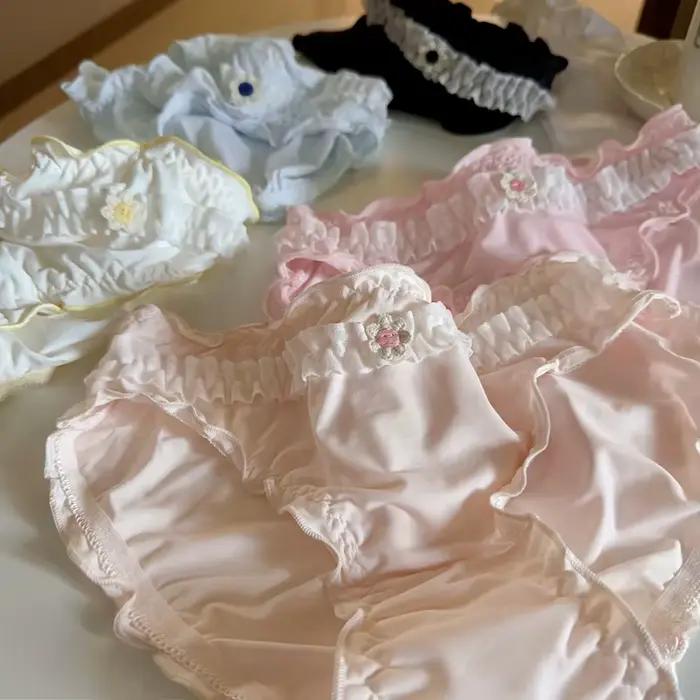 Taille moyenne fleur dentelle à volants culotte mignonne pour les femmes coton entrejambe respirant sous-vêtements sans couture doux fille confort slips doux