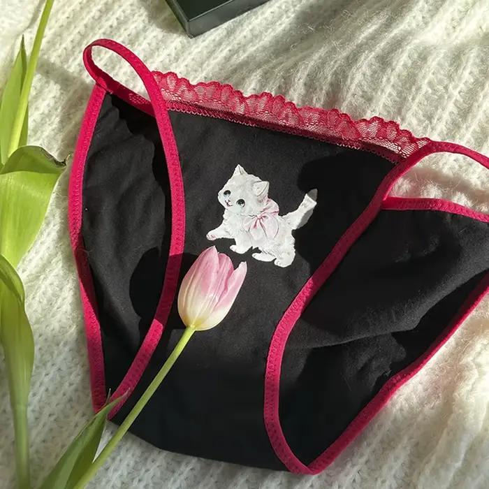 Bavlnené dievčenské nohavičky s mačičkou Sexy japonská čipka dámske tangá G-string nízky pás Lingerie