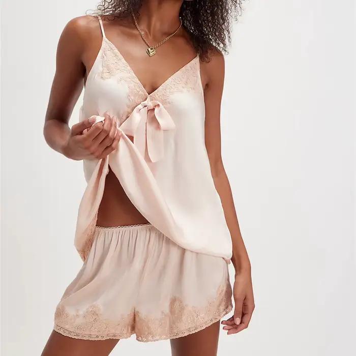 Ensemble pyjama Sexy en Satin pour femmes, 2 pièces, cravate en dentelle, col en V, bretelles Spaghetti, haut et short, style Boho, Vintage, vêtements de nuit assortis