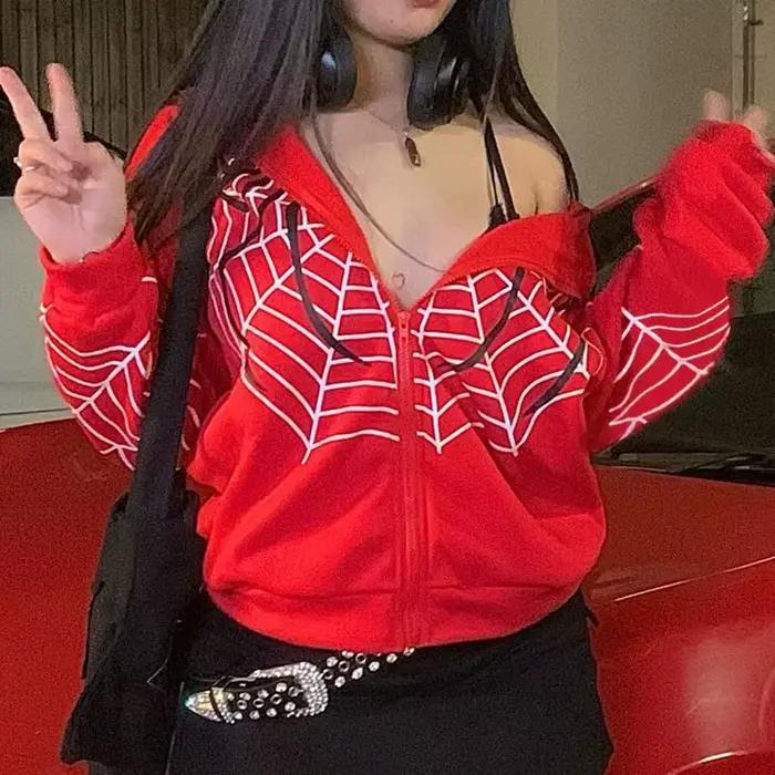 Y2k kryštálová kostra mikina s kapucňou pre ženy gotická čierna so zipsom oversized retro Harajuku