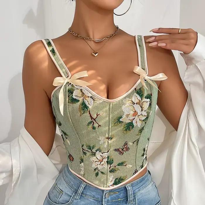 Soutien-gorge à bretelles Sexy, hauts de Style français, impression florale, gilet rétro, Double sangle, Support de poitrine, gaine amincissante, Corset Vintage