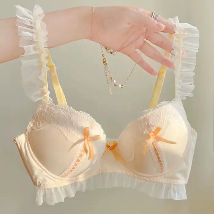 Dentelle douce, lingerie de style princesse Lolita, petits seins froncés pour femmes, sans anneaux en acier, soutien-gorge mignon