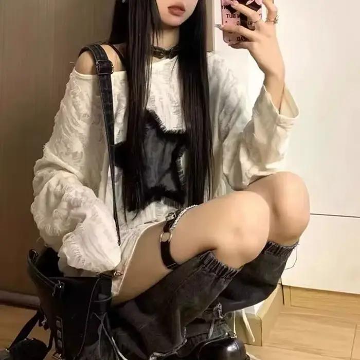 Y2K dierová hviezda potlač tričko ženy móda Streetwear holé ramená topy leto oversized Kpop dlhé rukávy t-sh