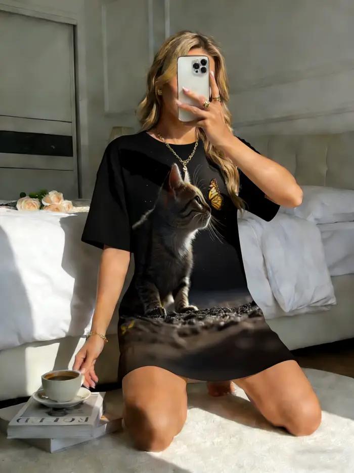 Chemise de nuit pour femmes, col rond, manches courtes, printemps-été, imprimé chat et papillon rêveux