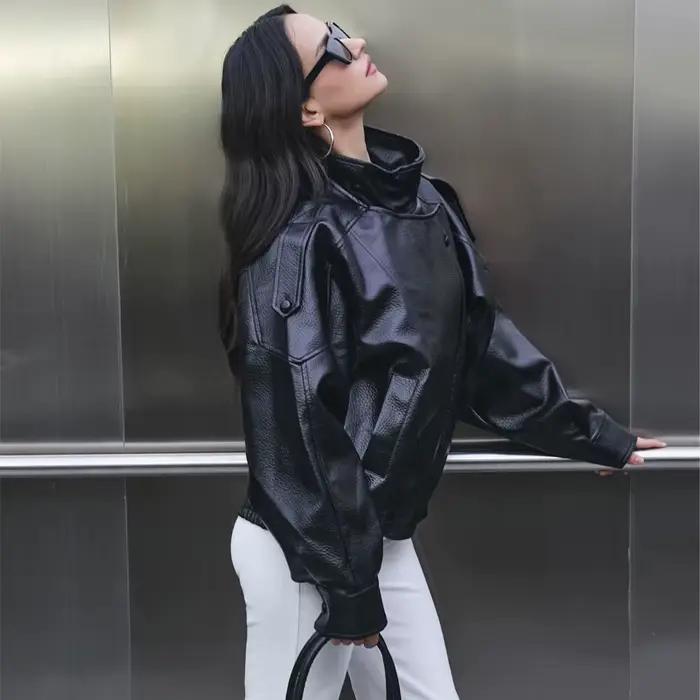 MUJER Dámska bomber bunda z umelej kože, čierna, oversized
