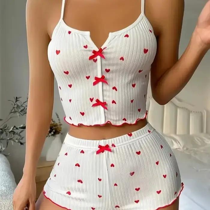 Ensemble pyjama imprimé cœur pour femme, tissu côtelé doux avec bordure à volants, haut décontracté et short, vêtements de nuit et de détente