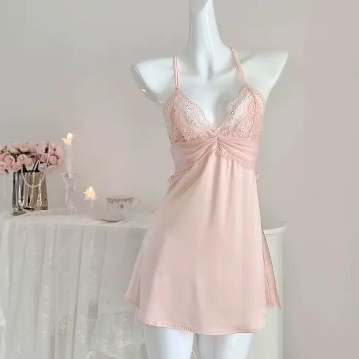 Robe de nuit princesse en dentelle sexy style court, pyjama d'été en satin dos nu