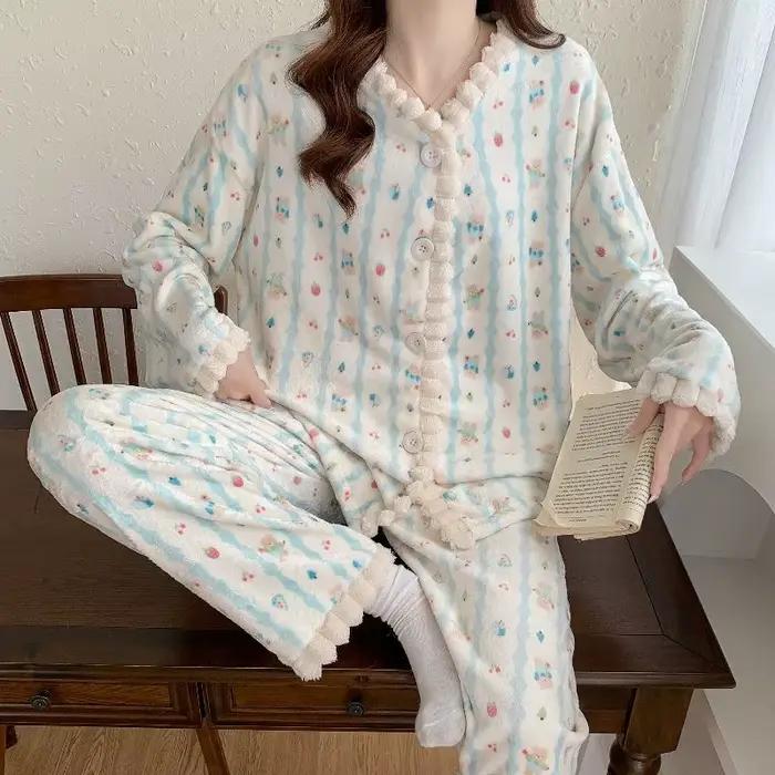 Pyjama en molleton de corail pour femme, imprimé, épais, en peluche, Cardigan, costume chaud et doux, vêtements de maison, manches longues, automne hiver