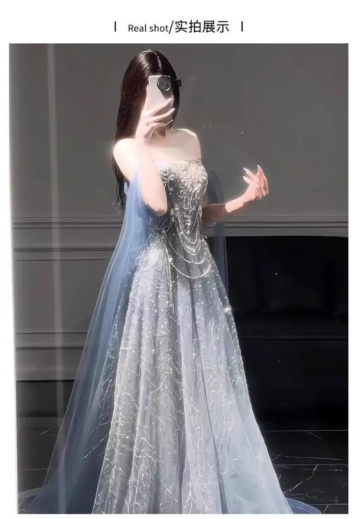 Robe de soirée bleue pour femmes, haut de gamme, sens du Style, robe de passage d'âge haut de gamme, légère, luxe, réunion annuelle, examen d'art, nouvelle collection 2025