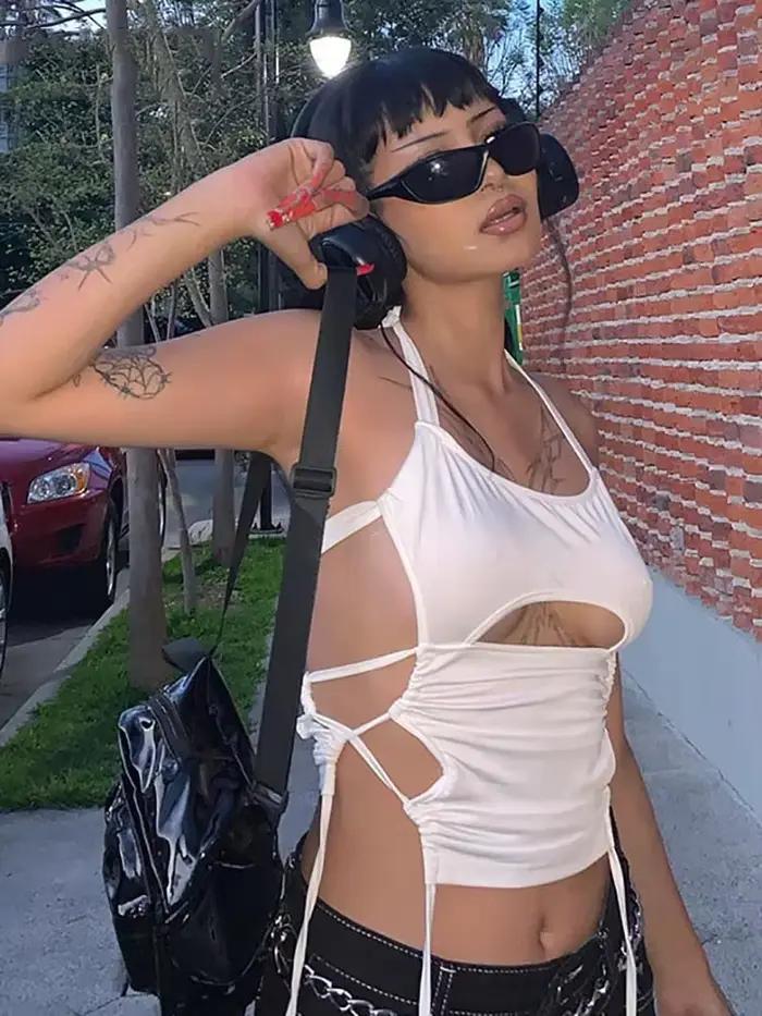 Y2K Sexy odhalený chrbát letný top krátky ženy 2025 biely bez rukávov obväzový lodičkový tielko Streetwear Cami 90s