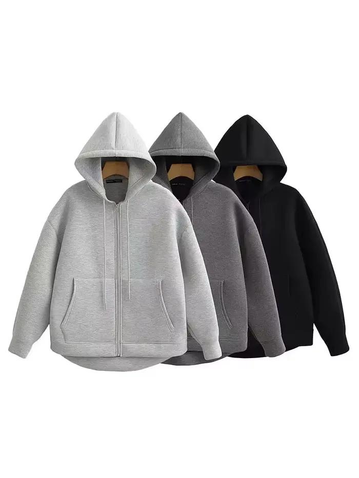 HH jeseň zima ženy zips kabát s kapucňou vysoká ulica dvojité vrecká oversized Jakcet mikiny am