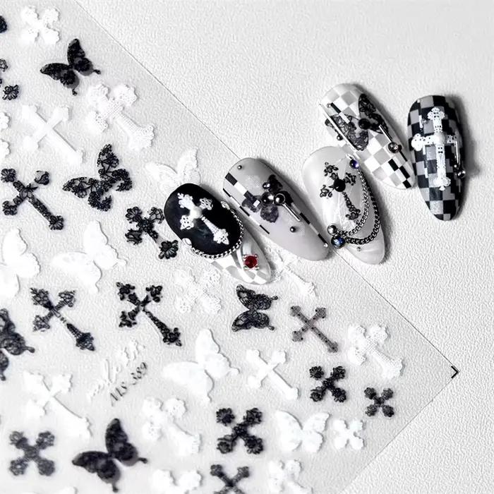 Žena Sexy čierna biela čipka motýľ kríž 5D jemný reliéf Reliéfna samolepiaca Nail Art dekorácia nálepka manu