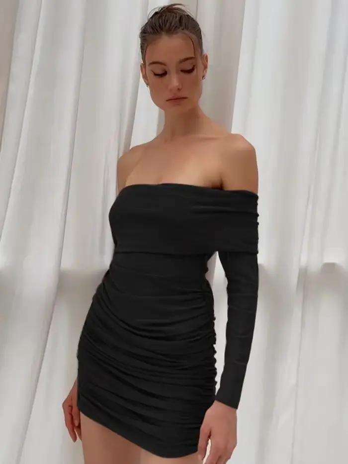 Robe de nuit sans bretelles pour femmes, tenues de club chaudes, manches longues, froncée éducative, vêtements élégants pour dames