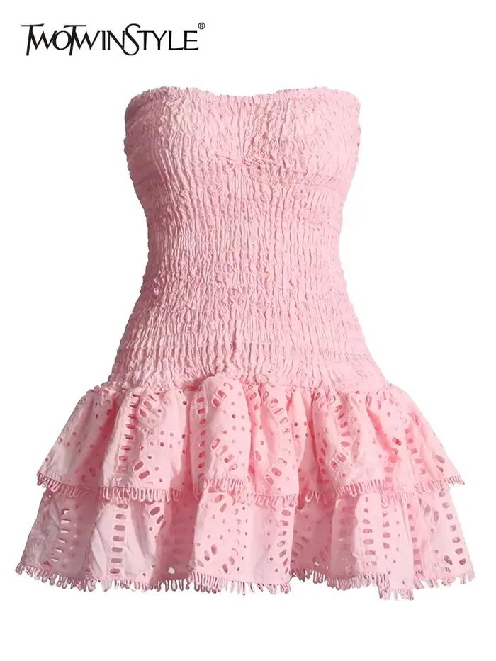 TWOTWINSTYLE Patchwork plisované šaty pre ženy bez ramienok bez rukávov s vysokým pásom elegantné