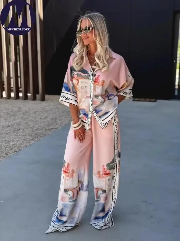 Dvojdielny letný set pre ženy - nový elegantný potlačený polorukávový top a voľné nohavice