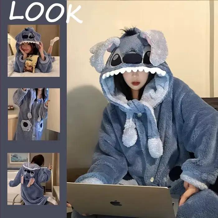 Pyjama couple Lilo & Stitch Angel, robe de nuit chaude en polaire corail, tenue de nuit Disney Stitch en peluche, chemise de nuit épaisse