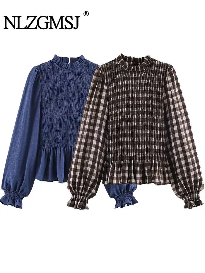 Nlzgmsj 2025 Vintage Chic hnedá kockovaná košeľa pre ženy s dlhým rukávom Blúzka s riasením ležérny elegantný top