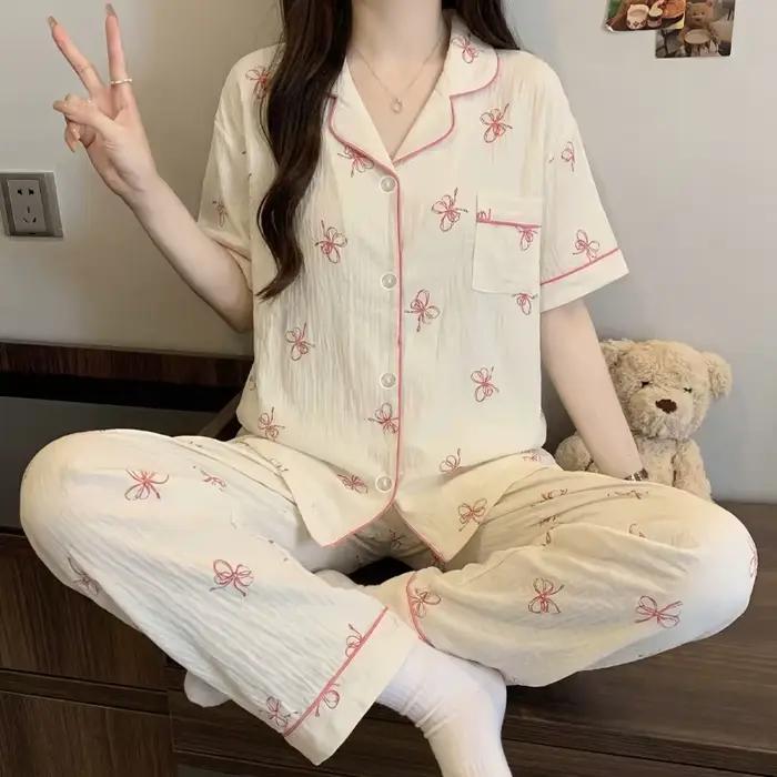 Pyjama doux à nœuds de style français pour femme : ensemble d'été à manches courtes et pantalon long avec imprimé nuage, vêtements de détente en coton doux et confortable