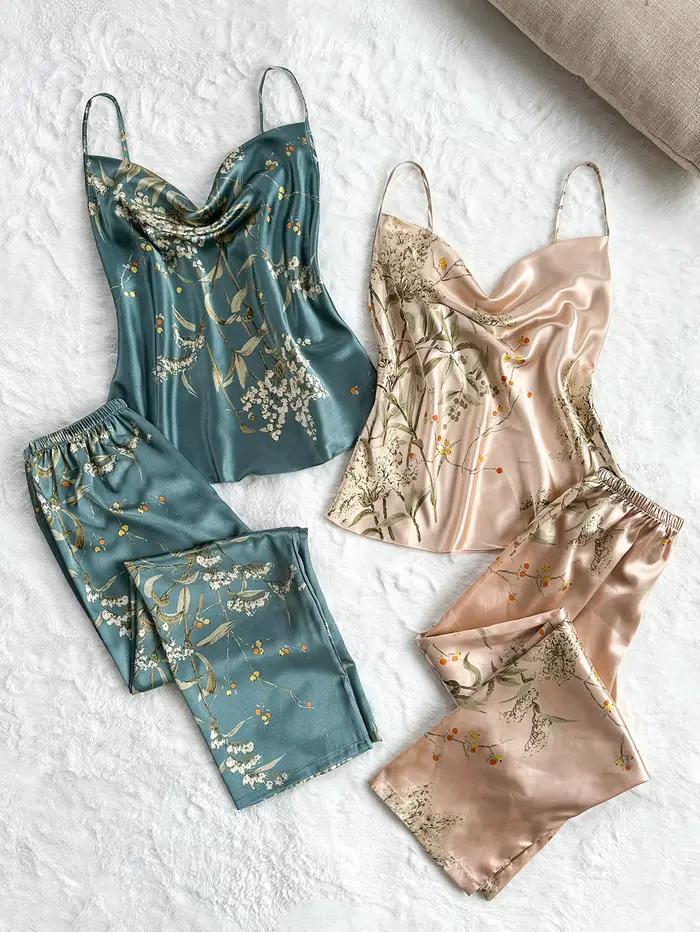 Ensemble pyjama élégant 4 pièces imprimé cerises pour femme, avec haut caraco à col bénitier et bretelles spaghetti, pantalon long, tenue décontractée et tendance